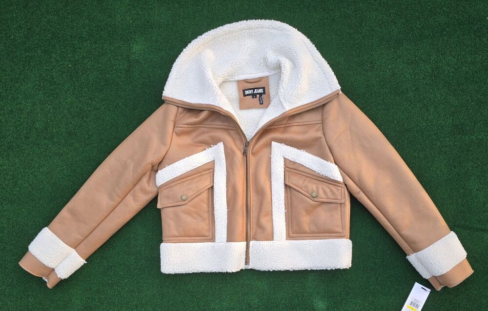 DKNY Jeans Mixed Media Faux Leather & Faux Shearling Jacket Womens Sz Medium New